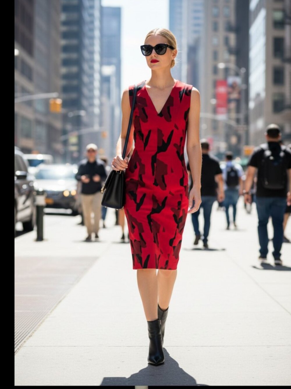 H&M Red and Black V-Neck Midi Sheath Dress with Abstract Print. No Pockets.